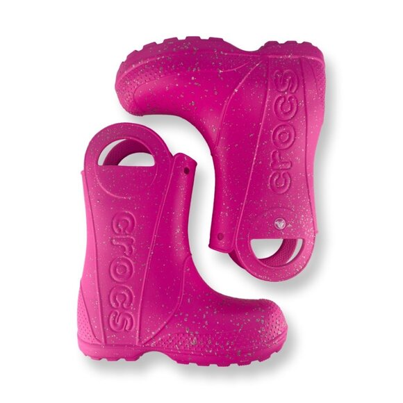 Crocs NEW Handle It Glitter Rain Boots in Hot Pink Girls Kids Size J2 - Picture 4 of 8